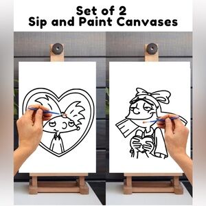 Helga and Arnold Sip and Paint Canvases (Ready to Paint),Nostalgic Cartoon Decor